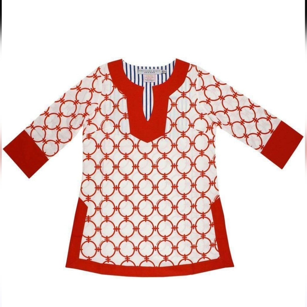 Gretchen Scott Women’s 3/4 sleeve Cotton V-neck Shirt Orange White Circles XL